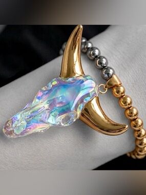 “Crystal Bull” Horned Gothic Skull Cow Heifer Longhorn Western Country Bracelet